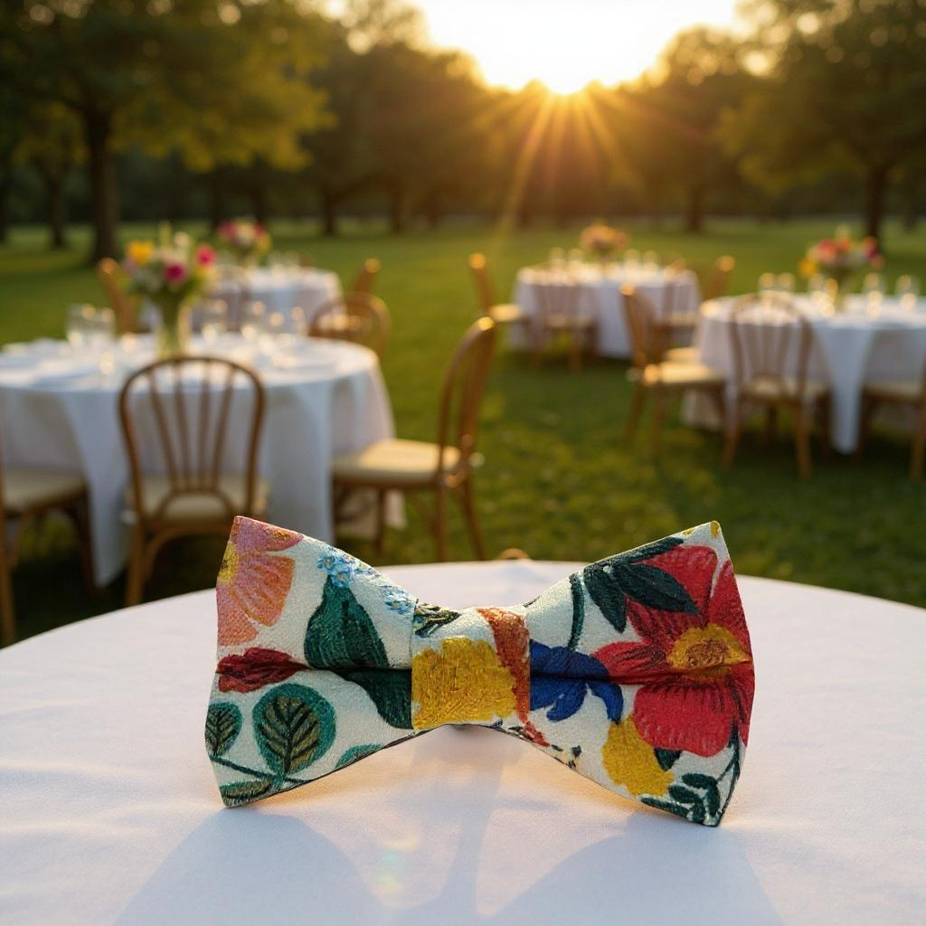 A colorful dog bow tie featuring the Rifle Paper Co. floral print with vibrant red, yellow, and pink flowers, green leaves, and blue accents on a white background. The bow tie has two elastic loops on the back for attaching to a collar, displayed against a plain light background on table.