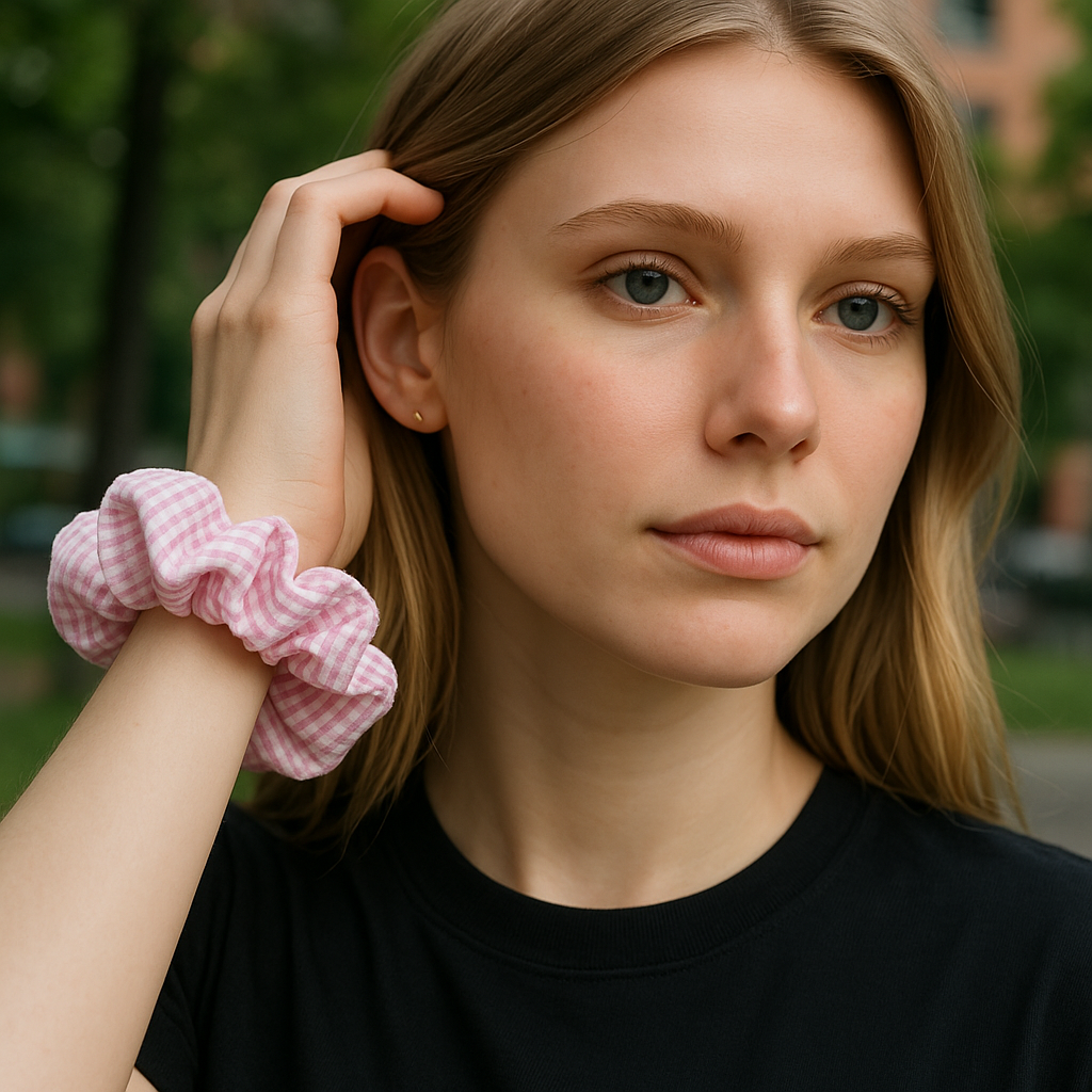 Woman with a pink scrunchie in her hair, standing outdoors.