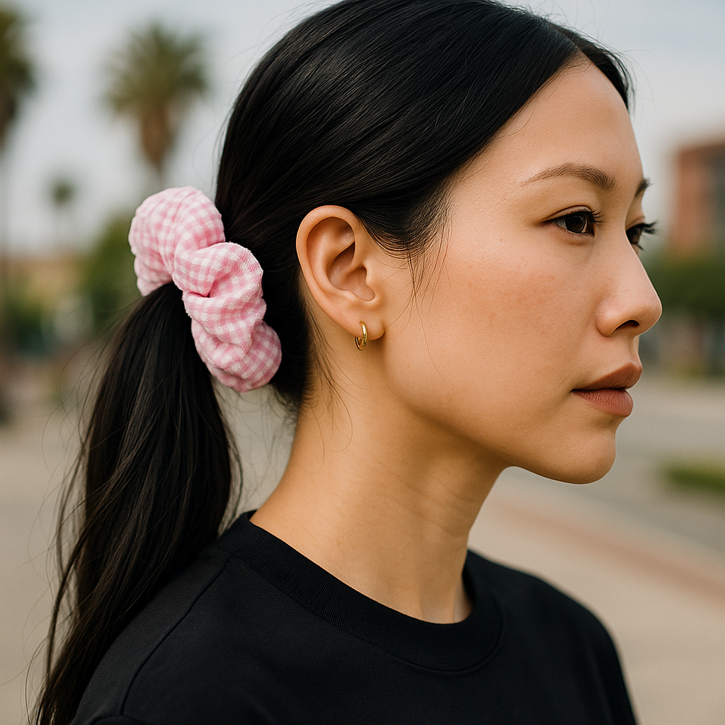 Woman with a pink checkered scrunchie in her hair, standing outdoors.