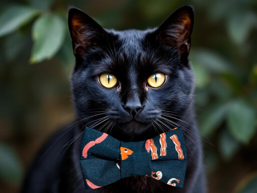 Black cat wearing a bow tie with food-themed design against a blurred green background