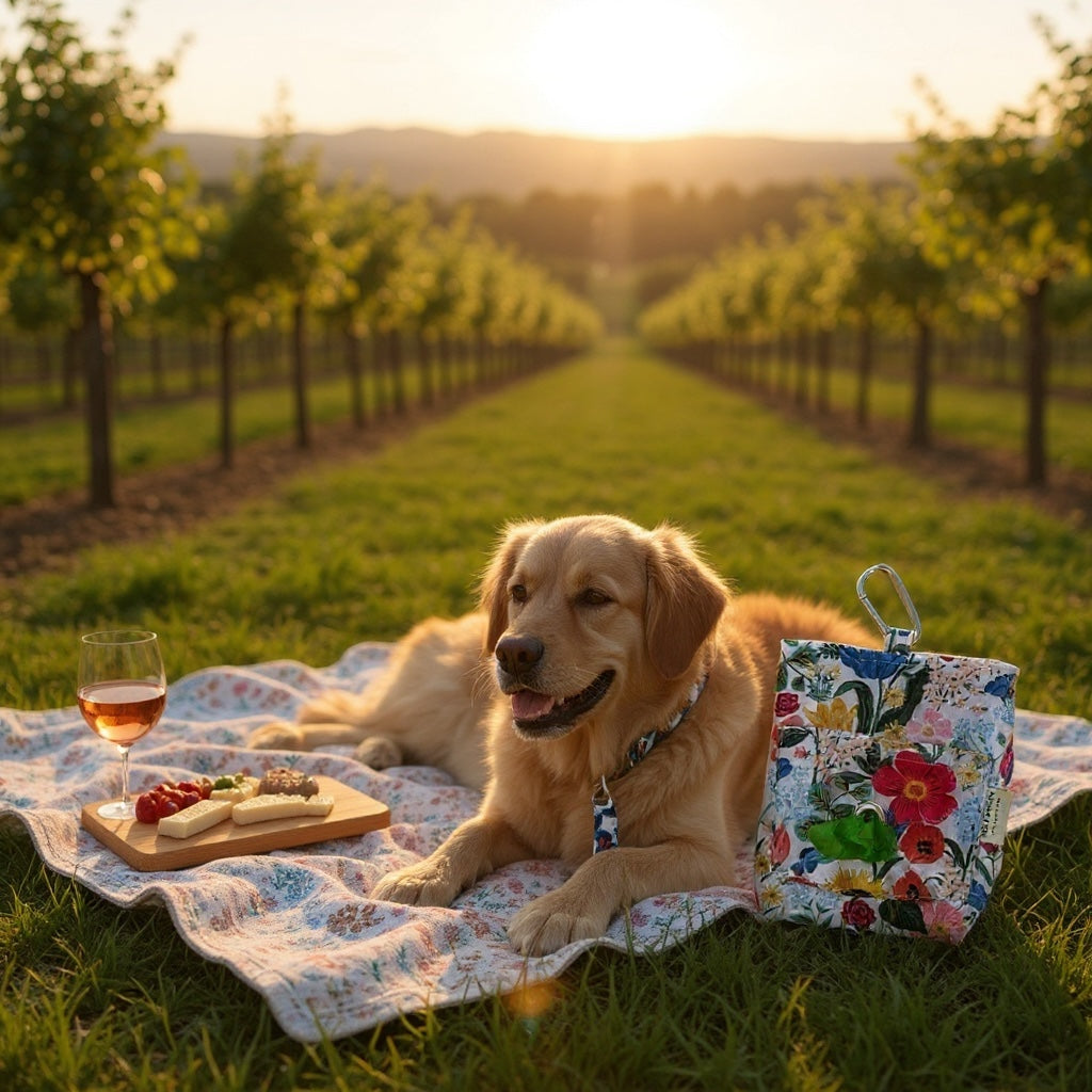 Dog lying on a blanket with a picnic setup in a vineyard at sunset