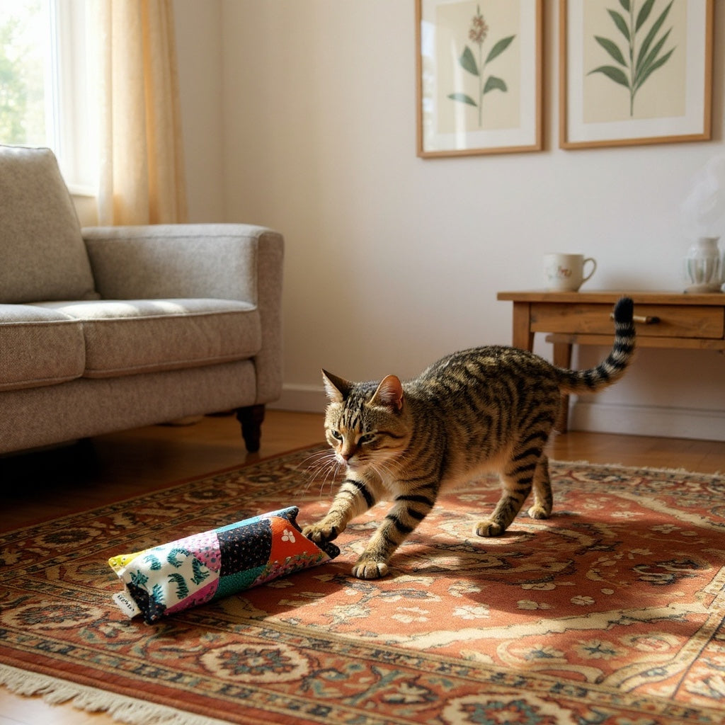 Cat playing with a colorful toy on a patterned rug in a living room.