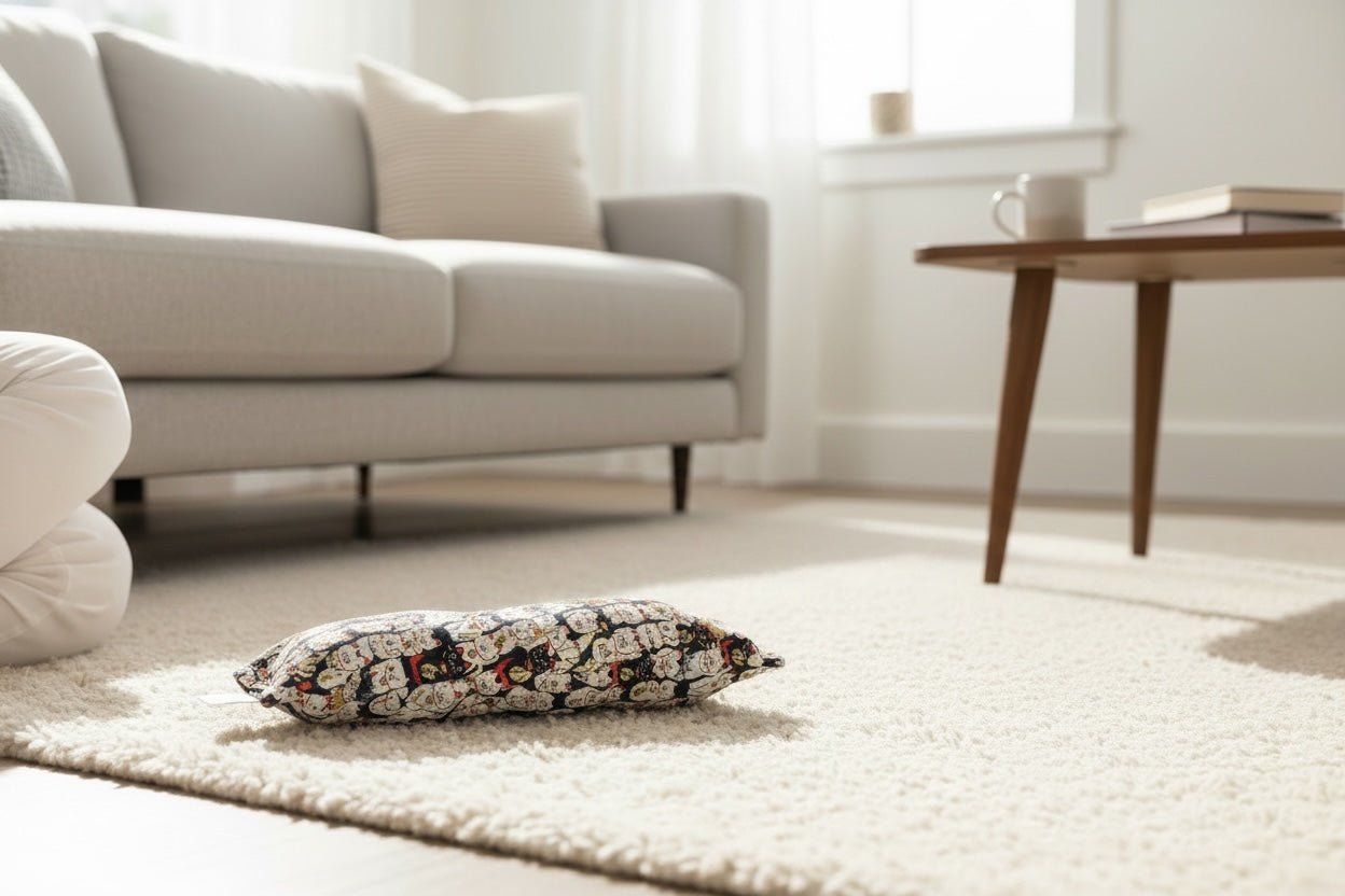 Decorative cylindrical pillow on a rug in a living room setting