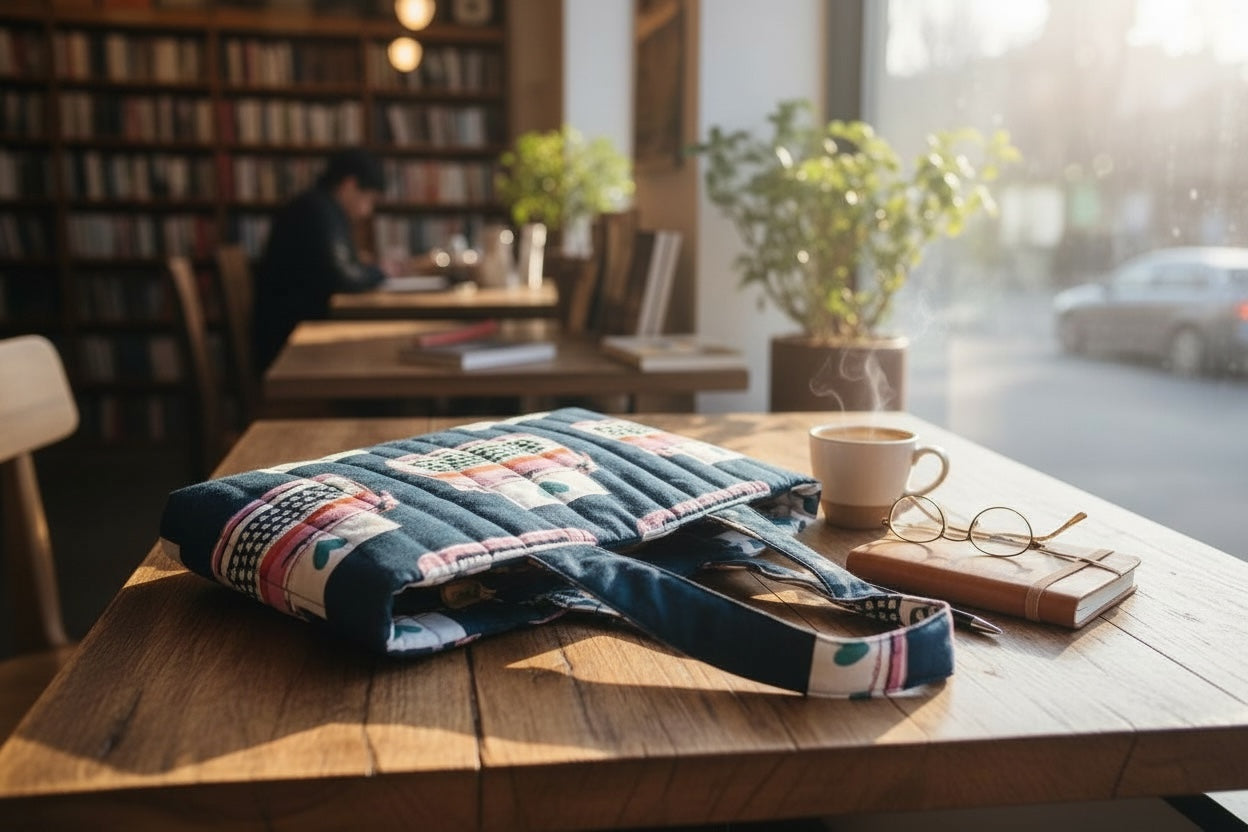 Typewriter Quilted Tote – Blue