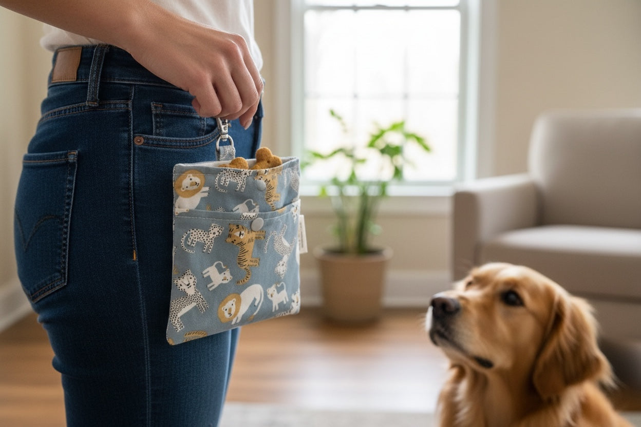 safari animals dog treat pouch with lions, leopards, tigers in living room with dog