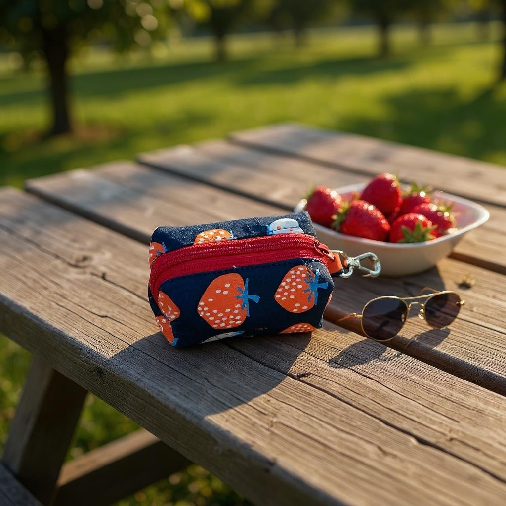 Small pouch with strawberry pattern on a wooden table with strawberries and sunglasses