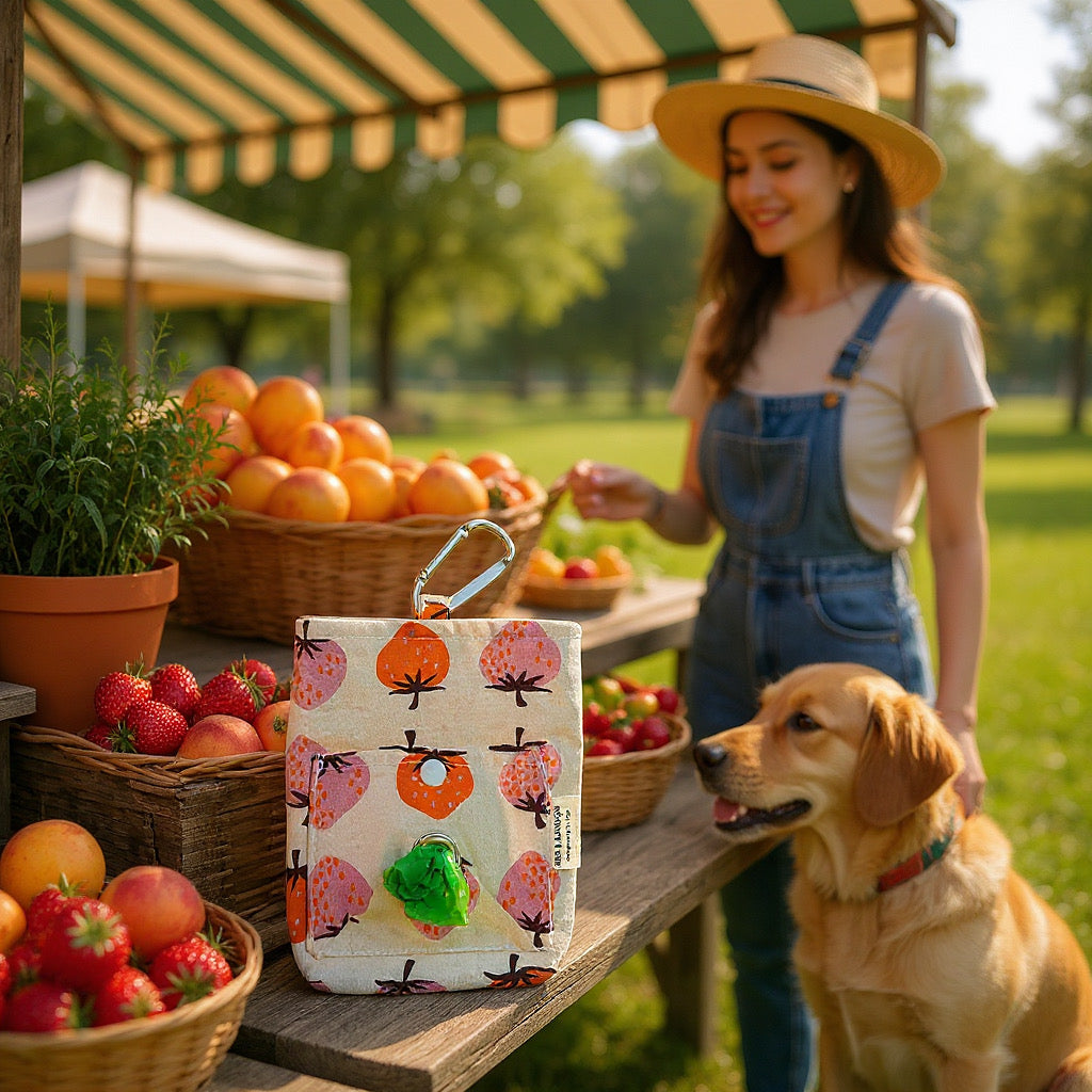Woman with a dog at an outdoor market with a reusable bag featuring fruit designs.