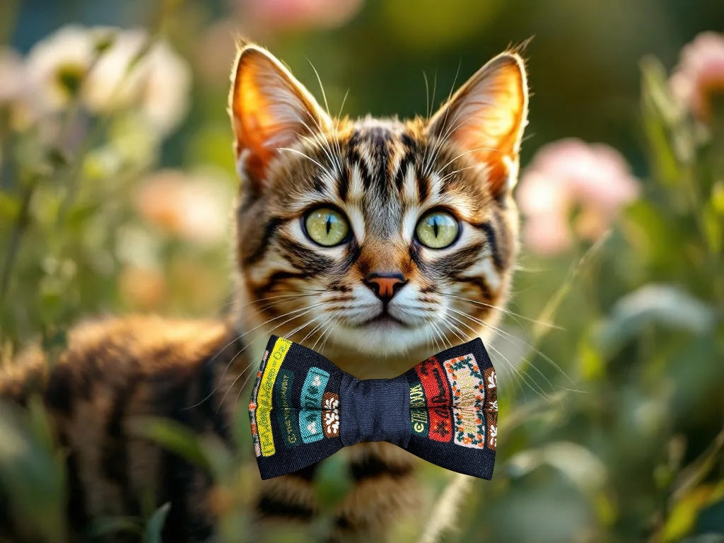 Cat wearing a colorful bow tie in a natural setting