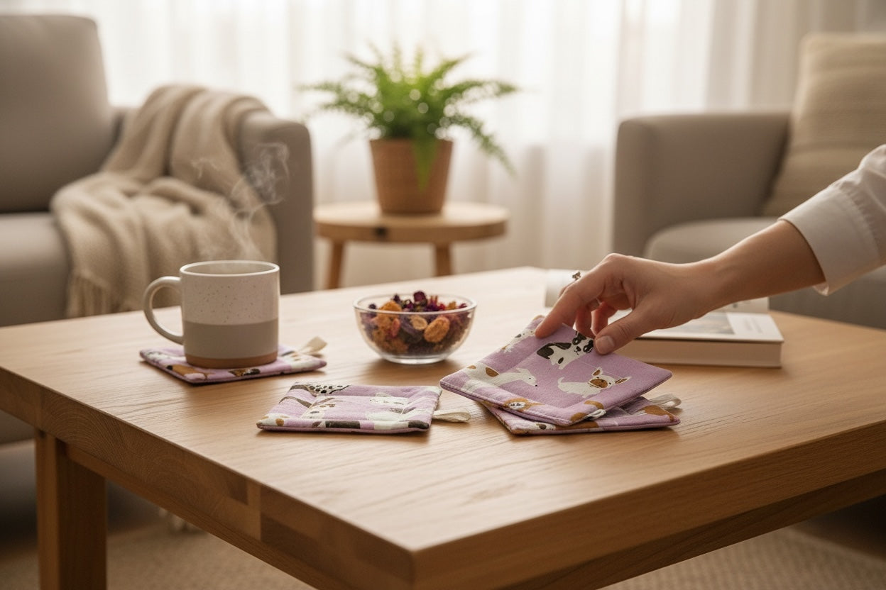 Person organizing items on a wooden coffee table in a cozy living room.