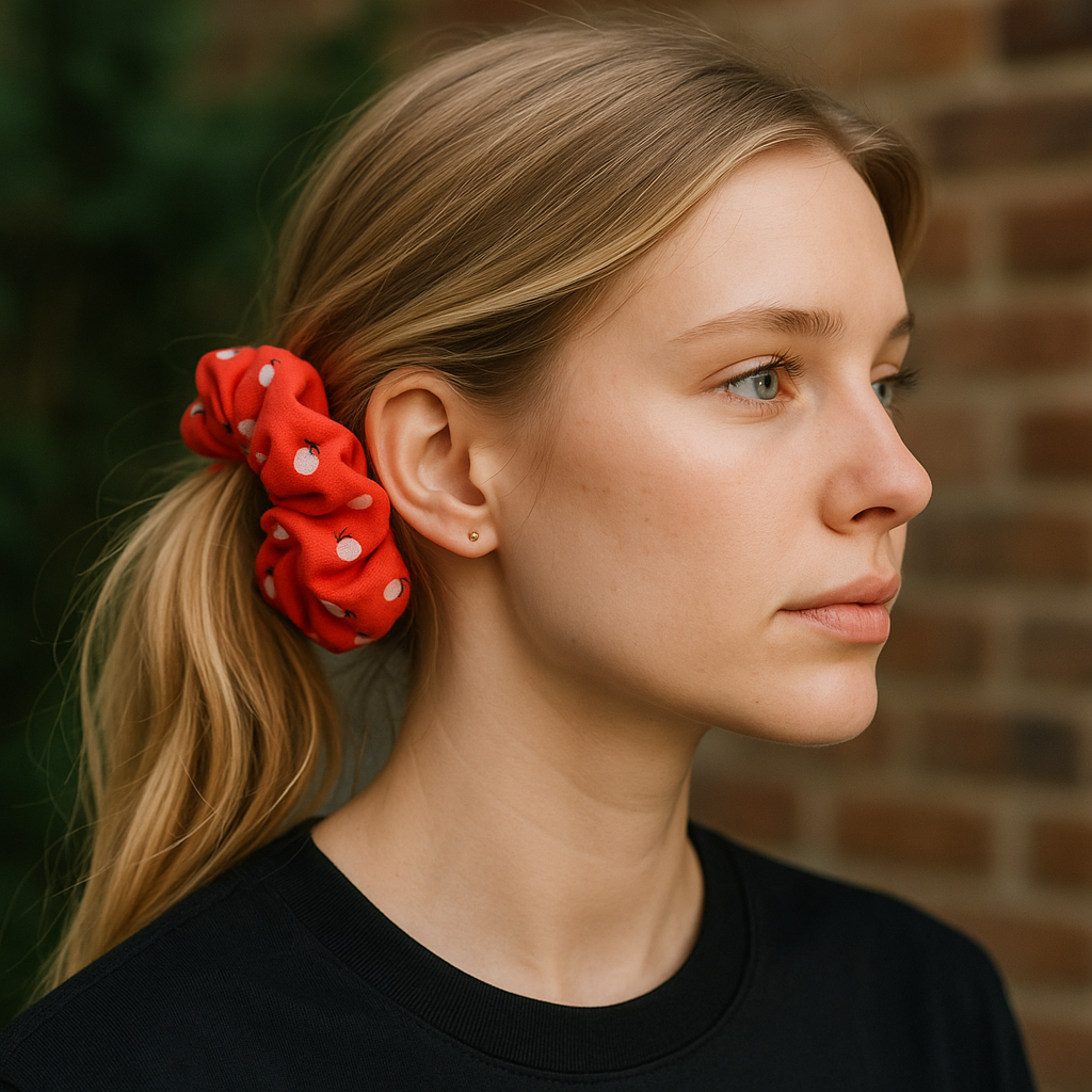 Woman with a red scrunchie in her hair against a brick wall.