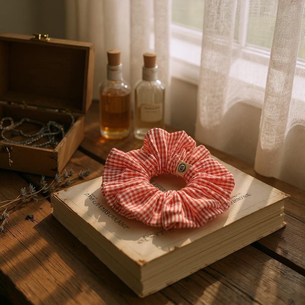 Red and white checkered scrunchie on an open book with bottles and a chest in the background.