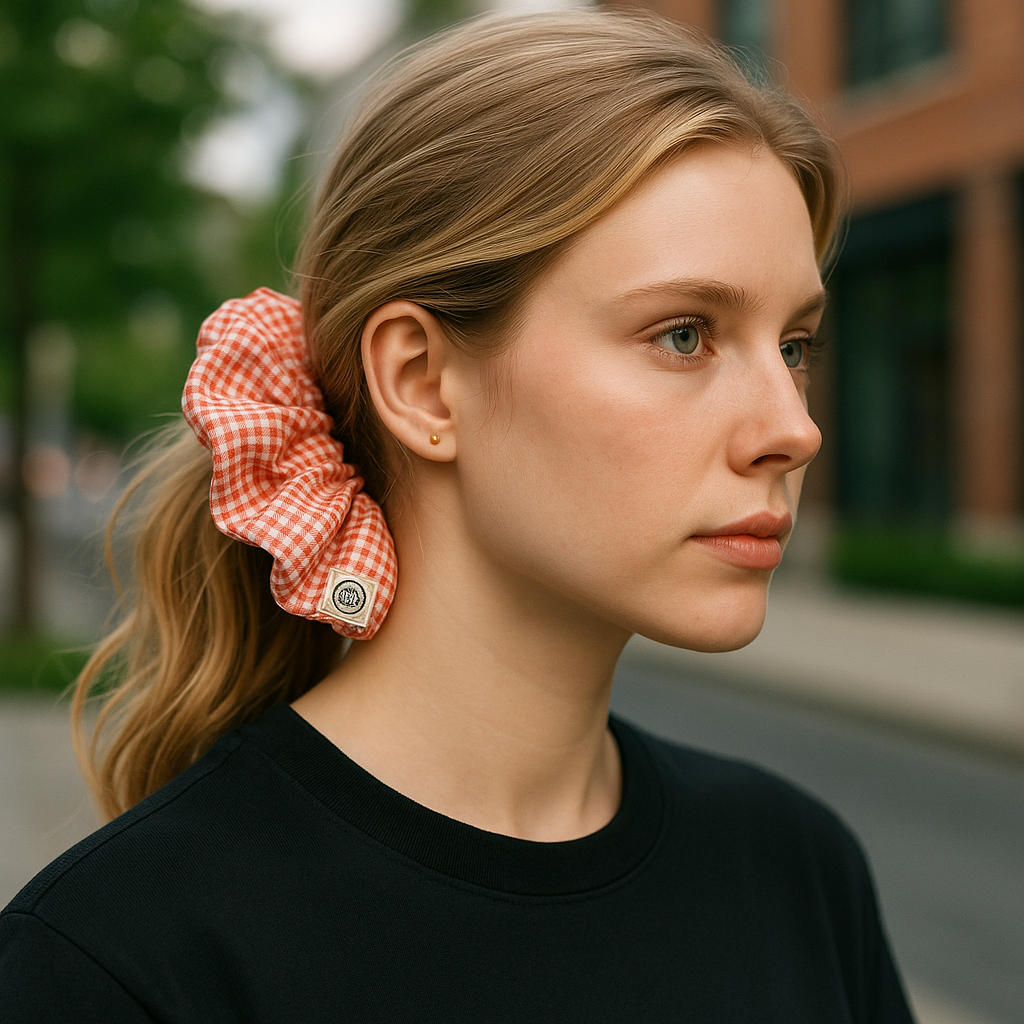 Woman with a red checkered scrunchie in her hair, wearing a black shirt, outdoors.
