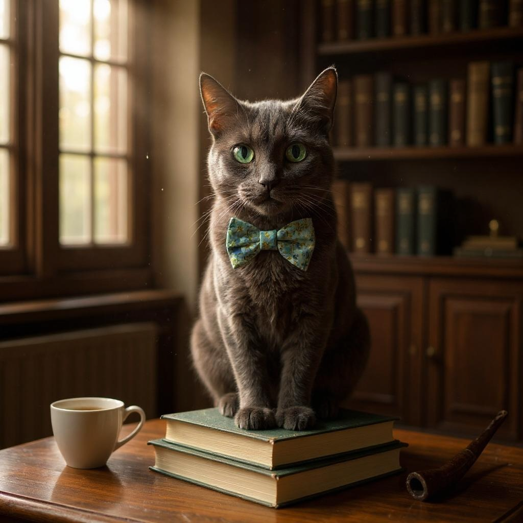 "ShimmerMeadow cat bow tie with English Rose mimi metallic blue (Rifle Paper Co.) print, front view cat