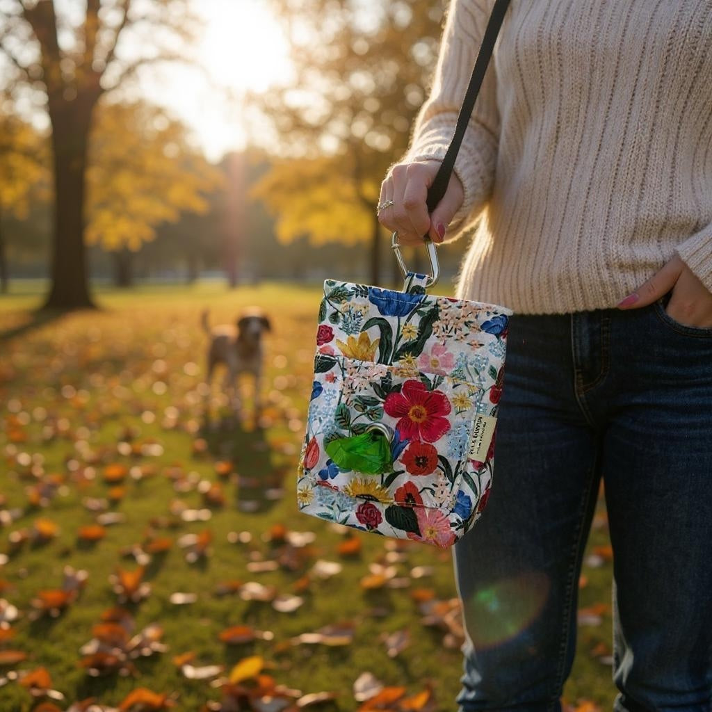 Person holding a floral dog walking bag in a park with trees and a dog in the background
