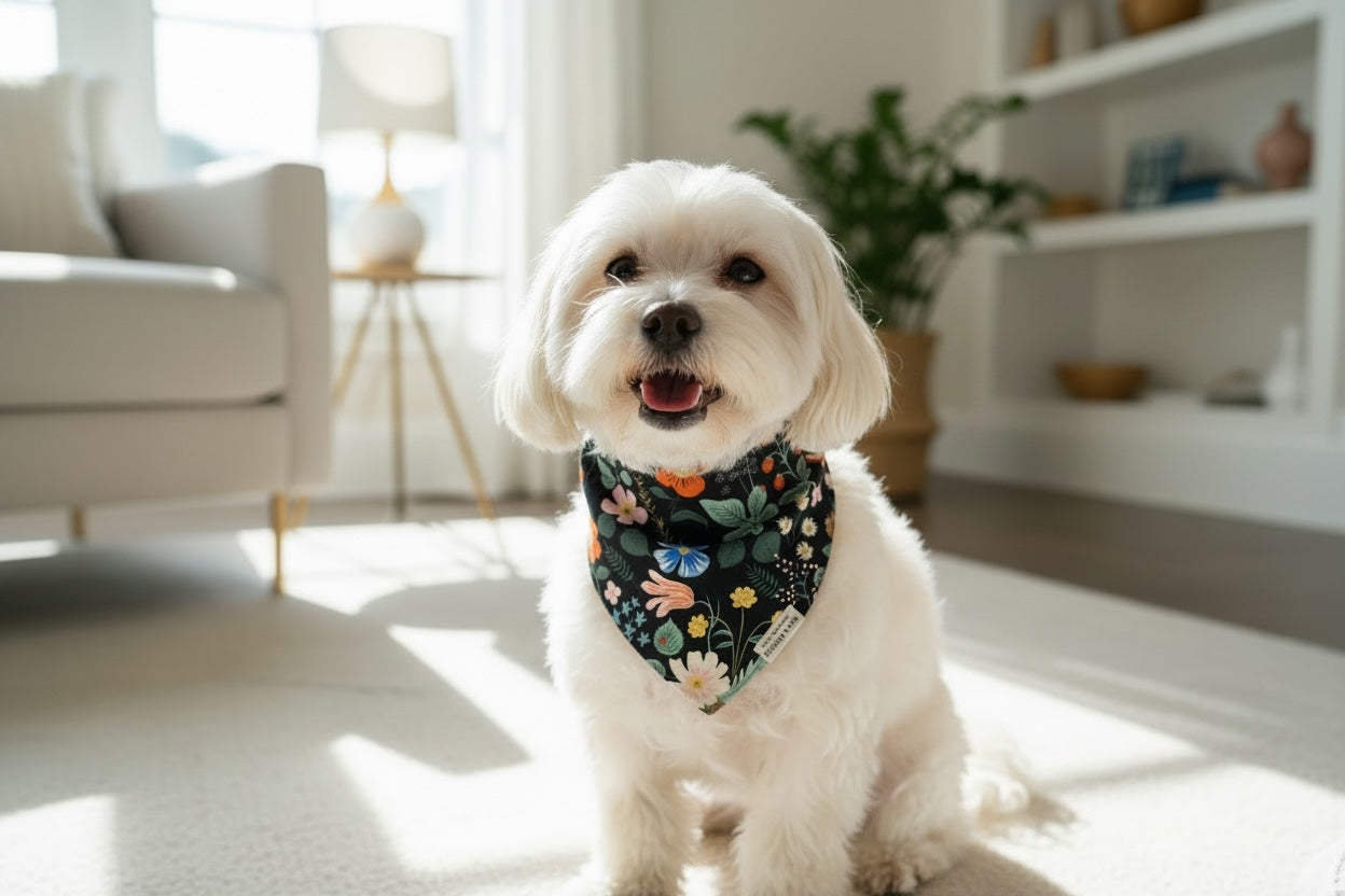 White dog wearing a floral bandana sitting in a bright living room.