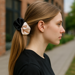 Woman with a ponytail featuring a black and beige scrunchie, standing outdoors.