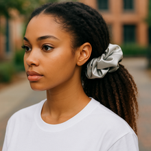 Load image into Gallery viewer, Woman with braided hair wearing a gray scrunchie outdoors