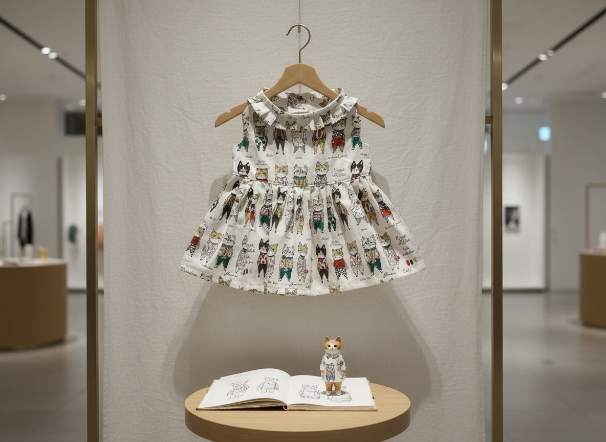A sleeveless white dress with a colorful cartoon animal print hangs on a wooden hanger inside a boutique display. Below the dress, a small table holds an open book and a tiny figurine, with a softly blurred store interior in the background.
