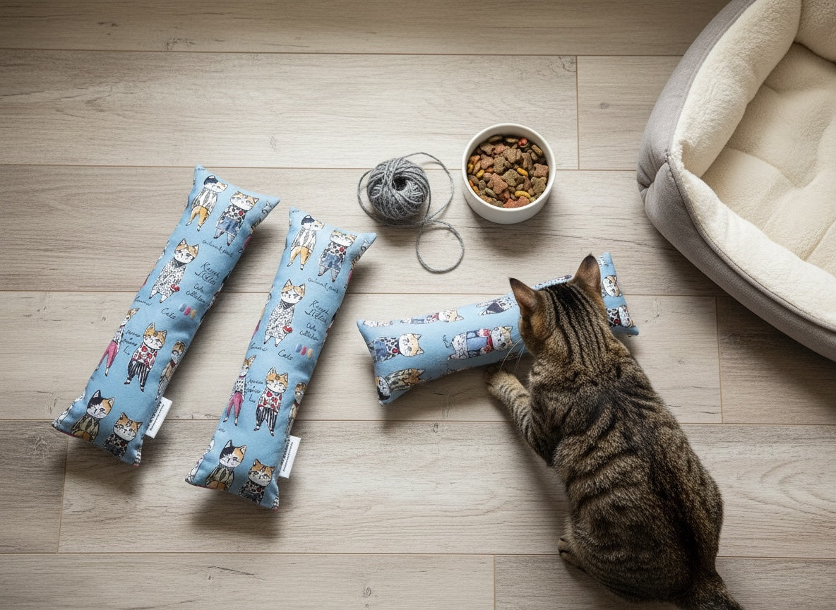 A tabby cat sits on a light wood floor next to three blue cat toys printed with cartoon cats, a ball of gray yarn, a bowl of kibble, and a cream pet bed.