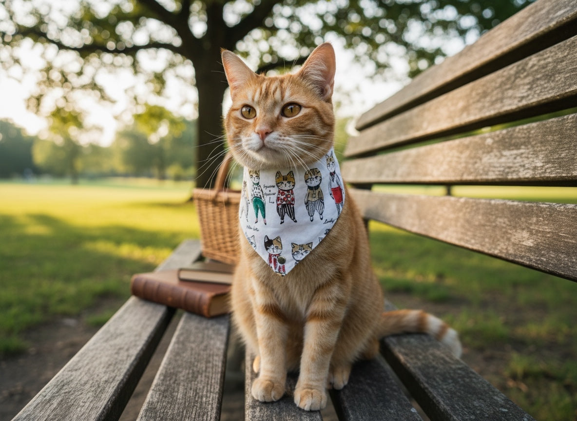 An orange tabby cat sits on a wooden park bench wearing a white bandana printed with colorful cartoon cats. The background shows a blurred green park with trees and sunlight.