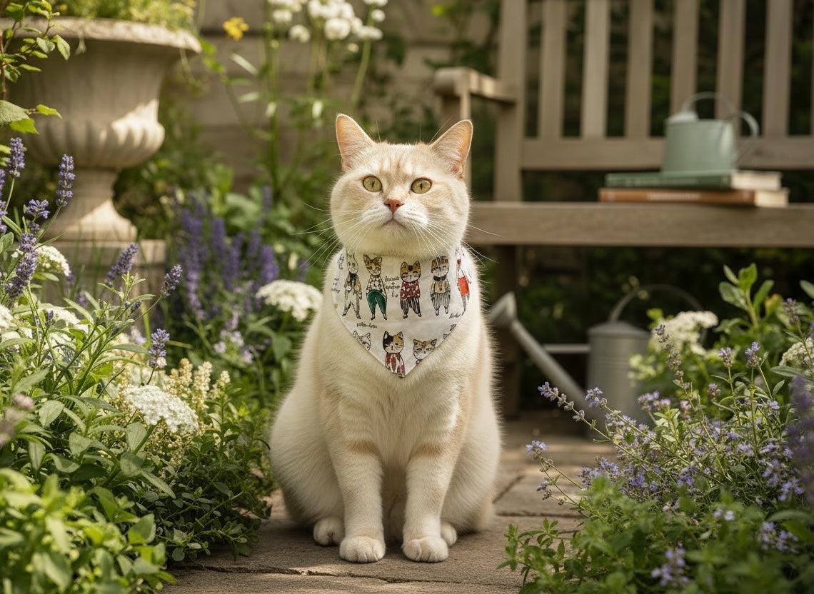 A cream-colored cat sits on a stone path in a lush garden, wearing a white bandana printed with colorful cartoon cats.