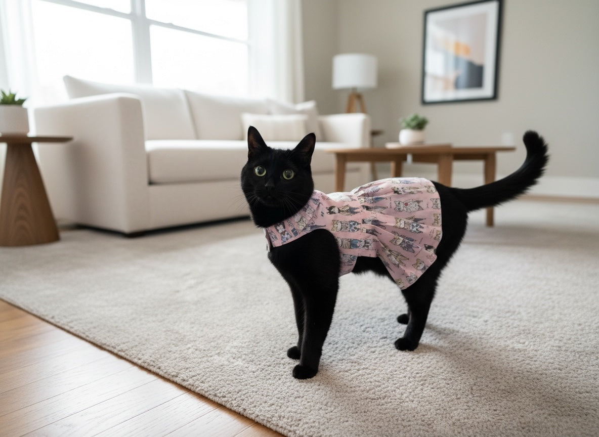 A black cat wearing a pink patterned pet dress stands on a light beige rug in a modern living room with a white sofa and wooden floor.