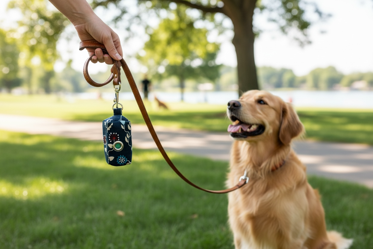 Navy blue floral dog poop bag holder  attached to dog leash