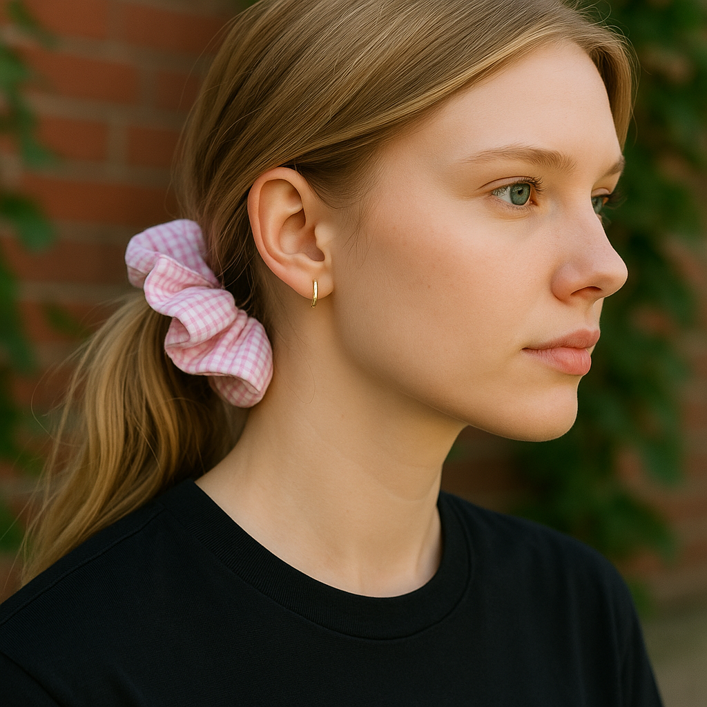 Woman with a pink scrunchie in her hair against a brick wall background