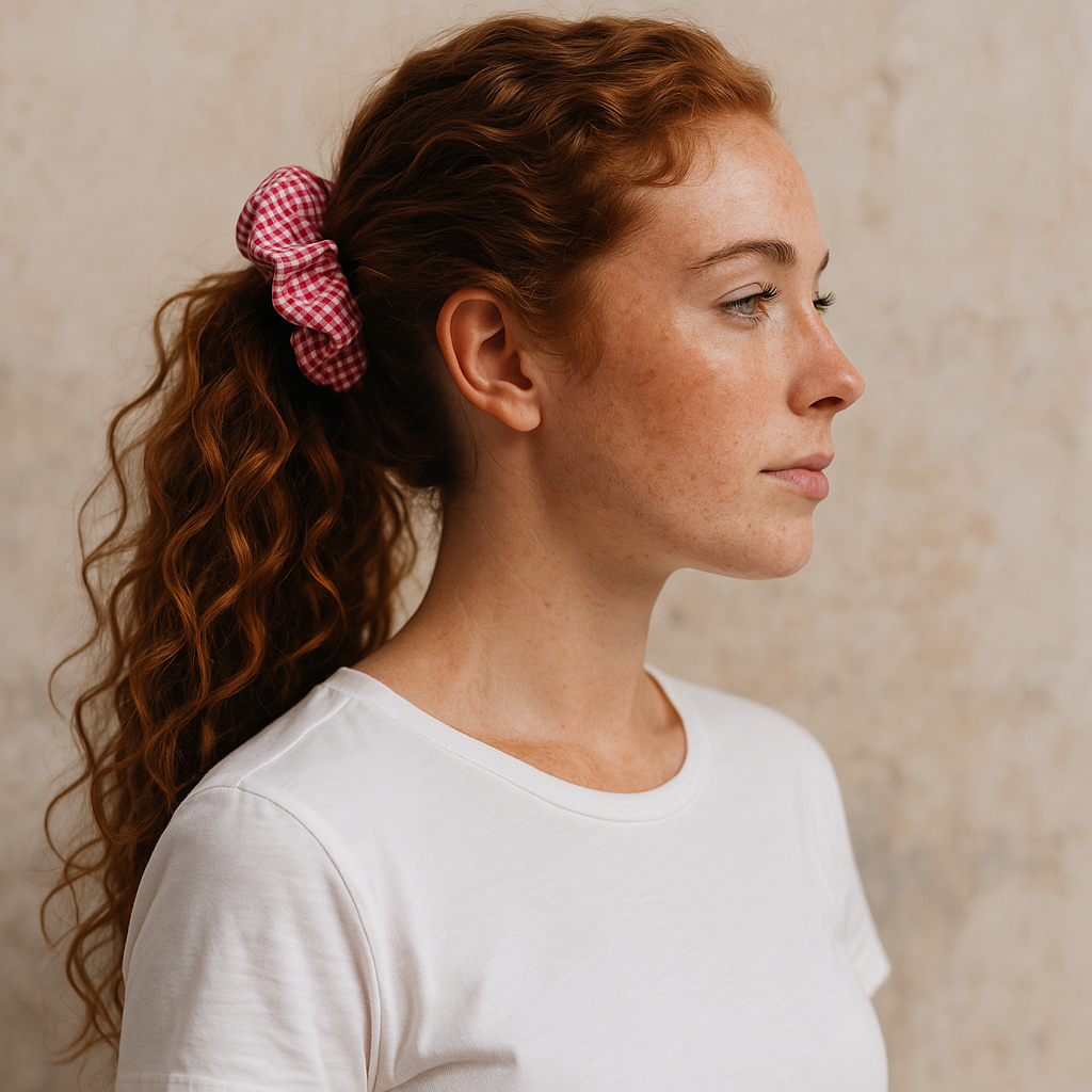 Woman with a ponytail featuring a checkered scrunchie against a neutral background