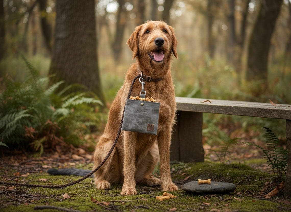 Dog with a bag of treats in a forest setting