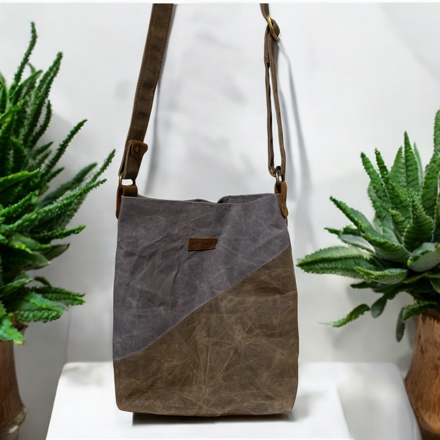 DualShade Waxed Canvas Crossbody Bag-Gray & Brown