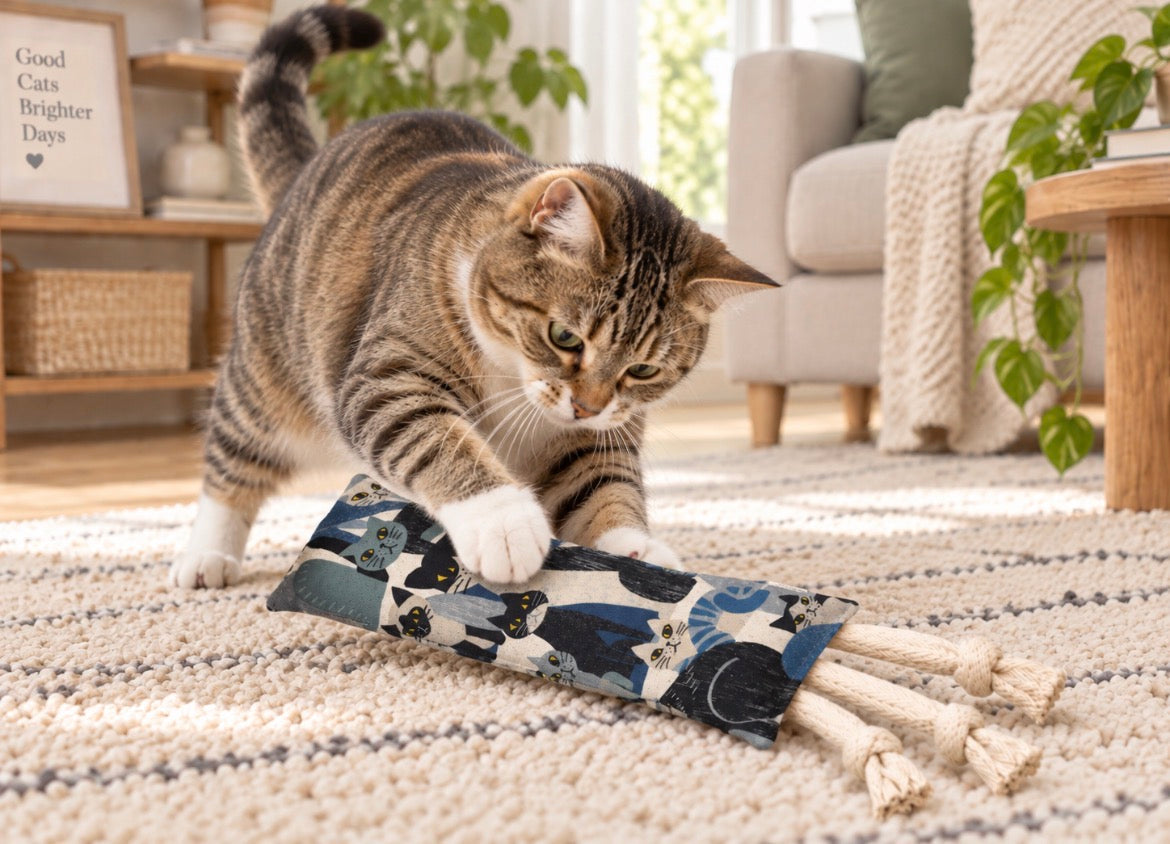 A brown and white tabby cat plays with a fabric cat toy featuring a blue, black, and white cat pattern, set on a beige rug in a cozy living room.