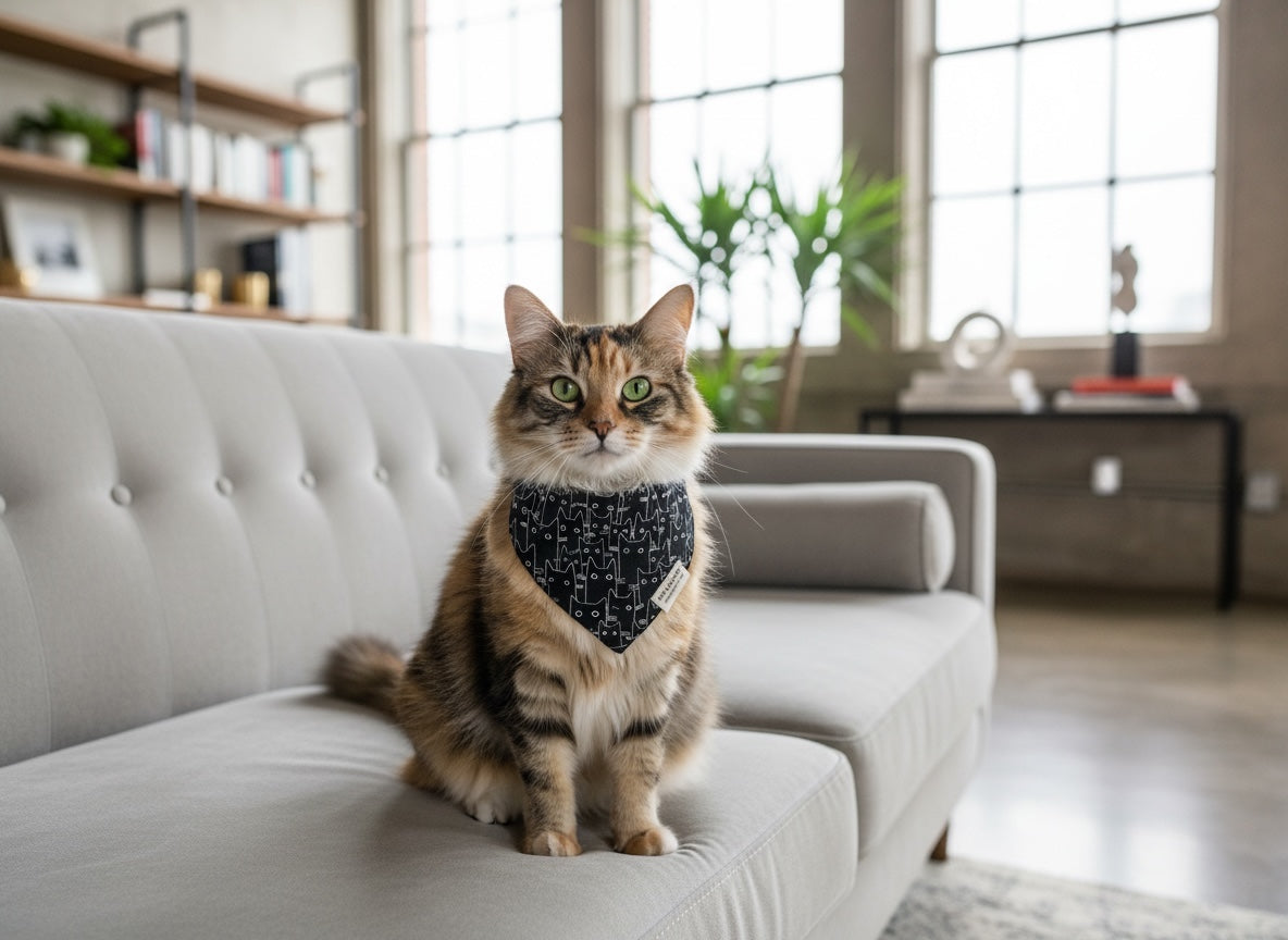 Cat wearing a bandana sitting on a white couch in a living room.