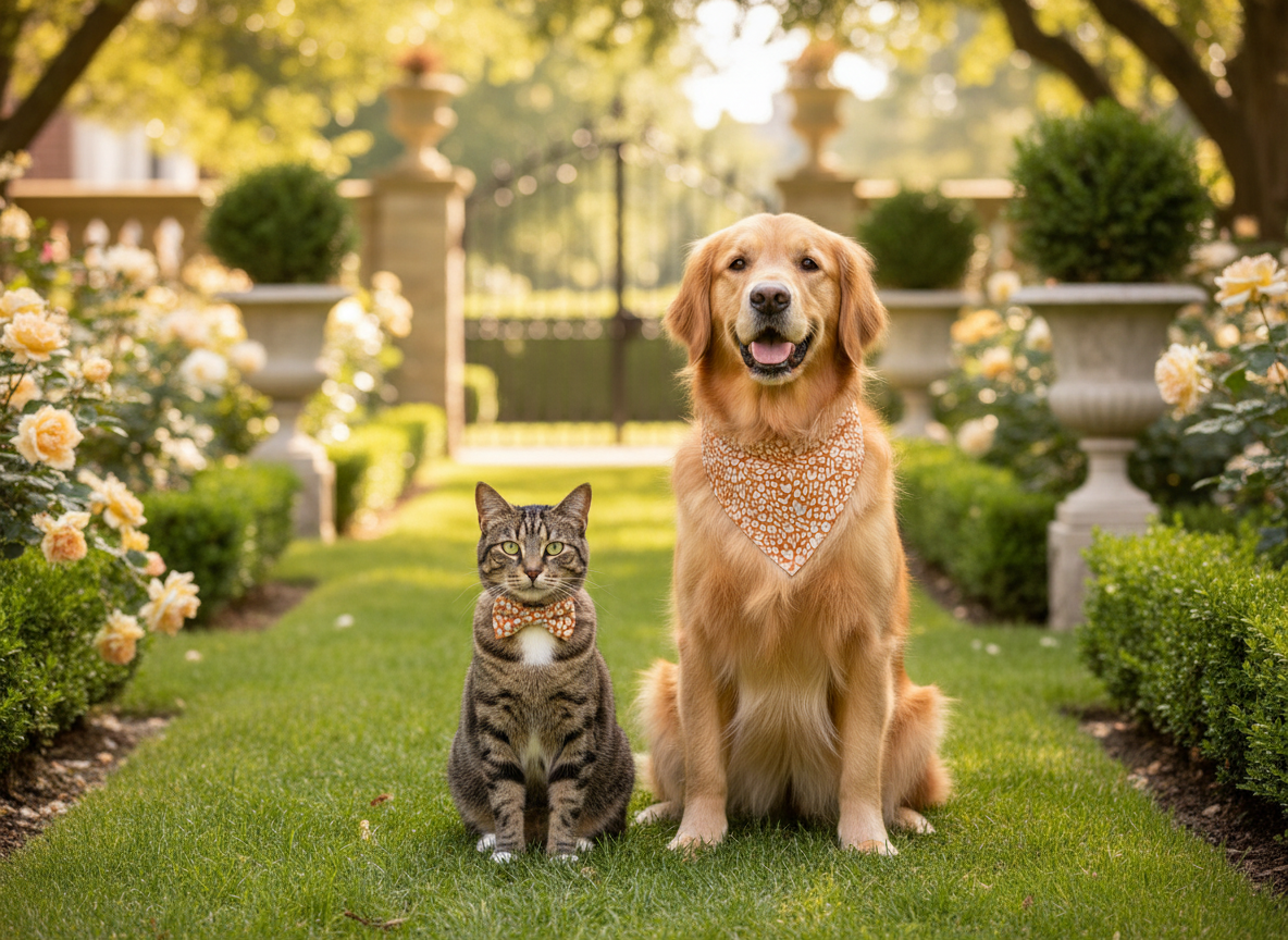 A golden retriever and a tabby cat sit side by side on a green lawn in a garden setting, each wearing a matching patterned bow tie. The background features a blurred stone gate, greenery, and blooming flowers.