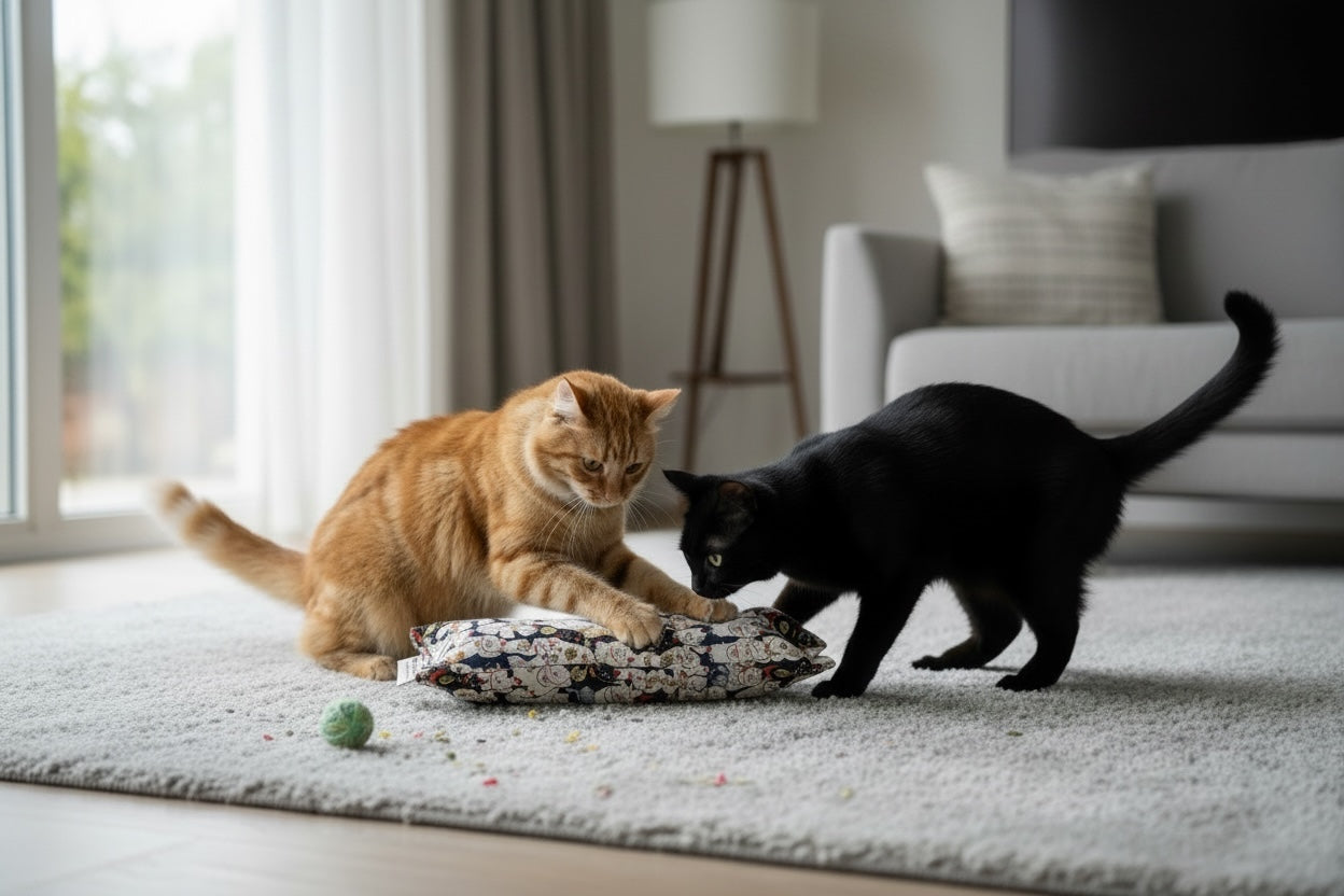 Two cats, one orange and one black, playing on a rug in a living room.