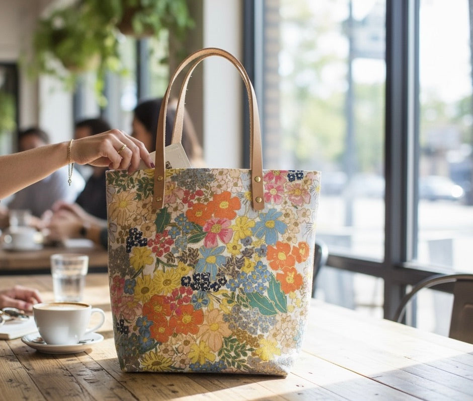Floral tote bag on a table with people in the background