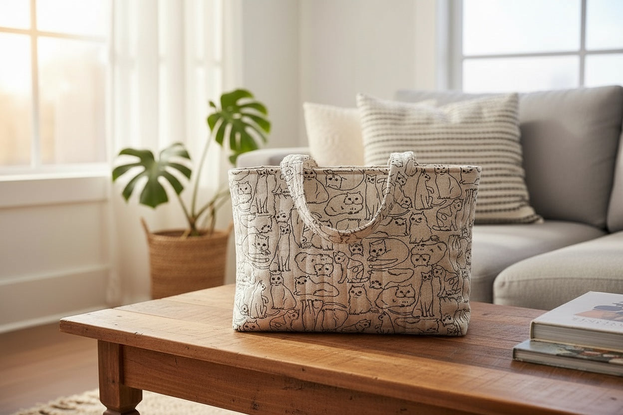 Patterned tote bag on a wooden coffee table in a living room.