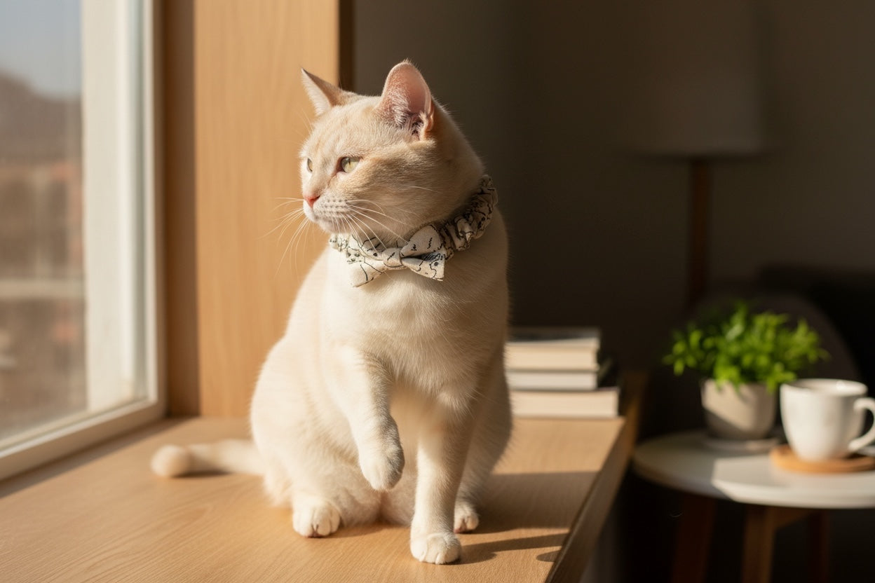 Cat sitting on a windowsill with sunlight streaming in, wearing a patterned collar.
