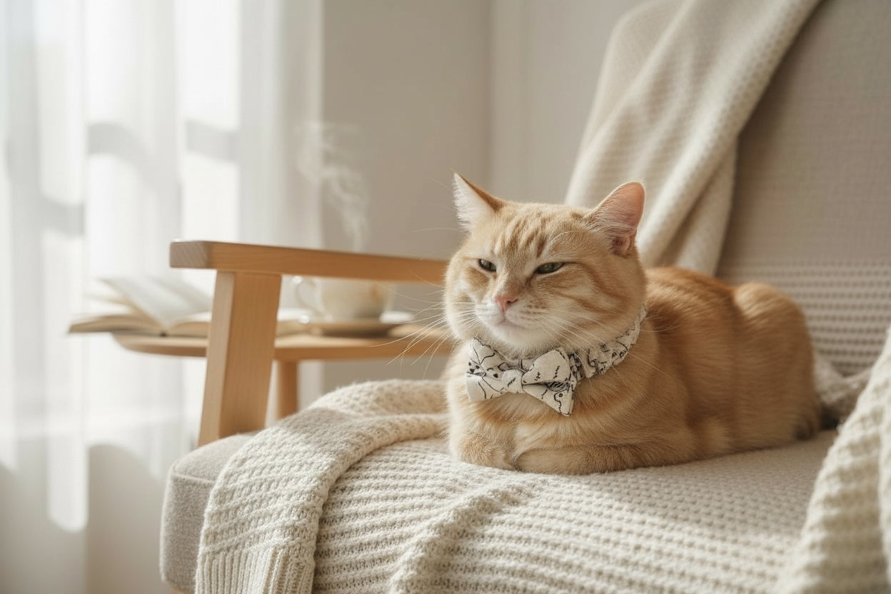 Cat wearing a bow tie sitting on a couch in a cozy living room.