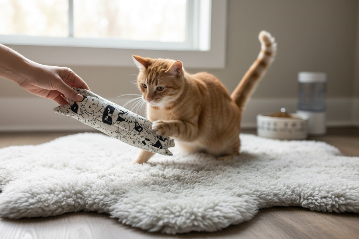 Orange cat playing with a toy on a fluffy rug