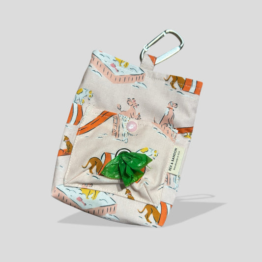 Reusable shopping bag with cartoon designs on a light gray background