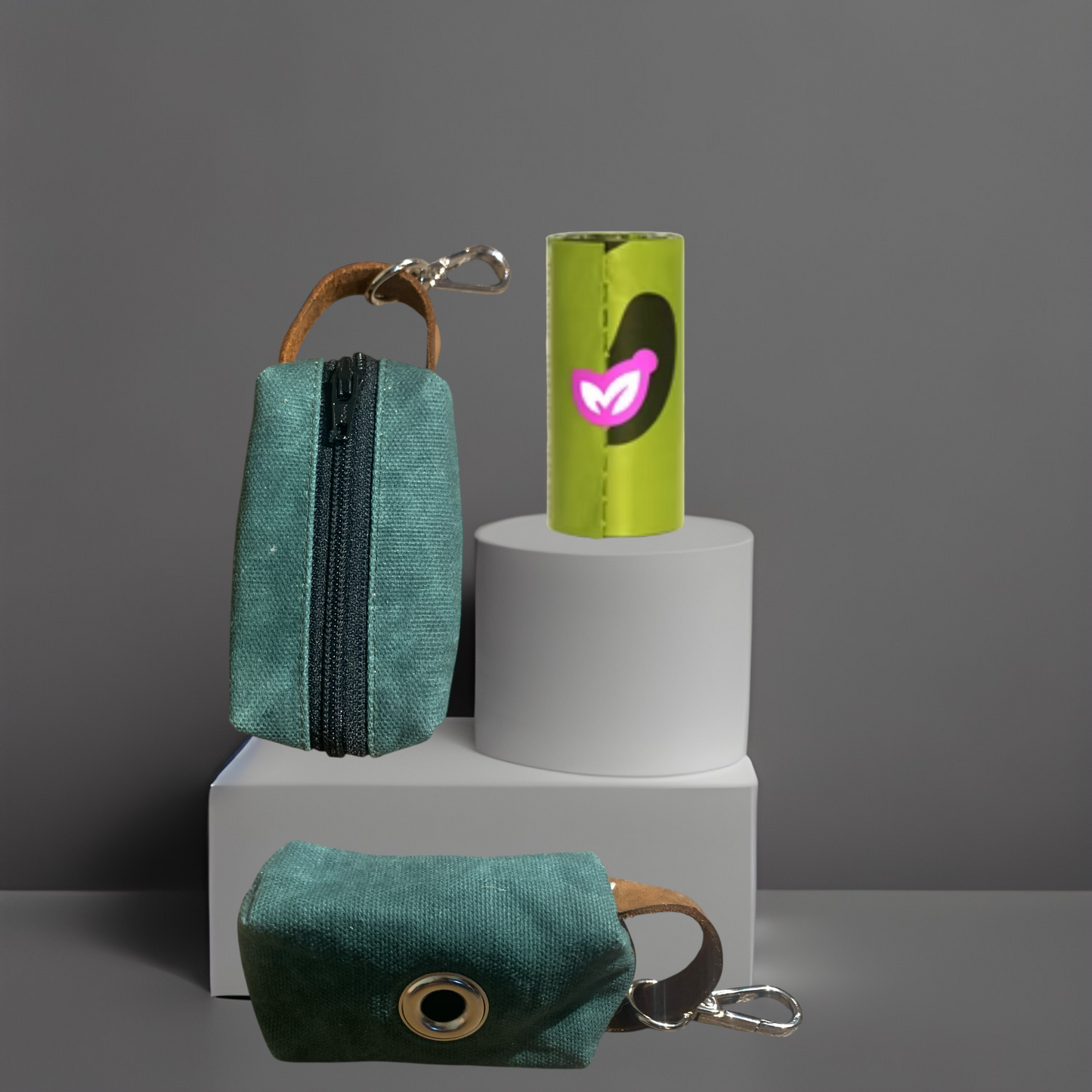 small waxed canvas dog poop bag holder with a muted brown exterior and a blue zipper, featuring a metal keychain clip and a yellow fabric loop for easy attachment. The durable, water-resistant design is ideal for carrying waste bags during dog walks. (hunter green, stage)