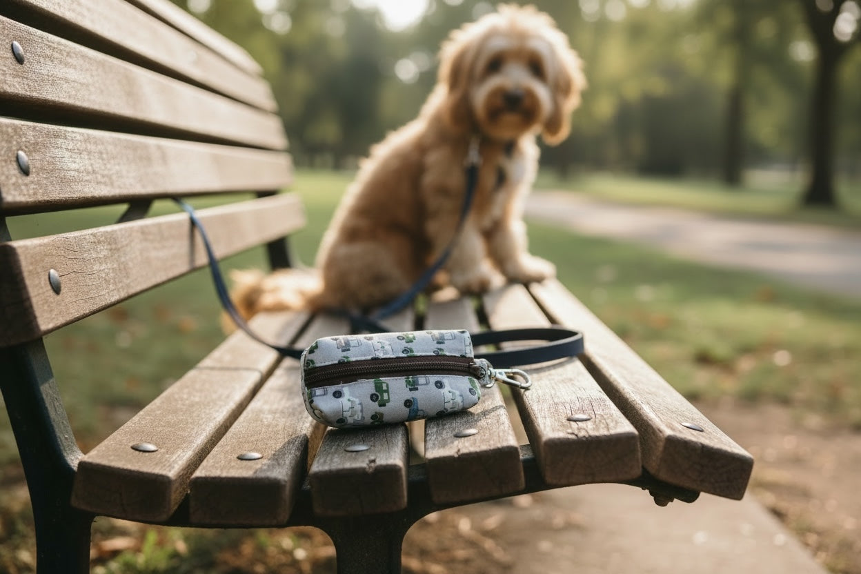Safari jeep dog poop bag holder on wooden bench with dog