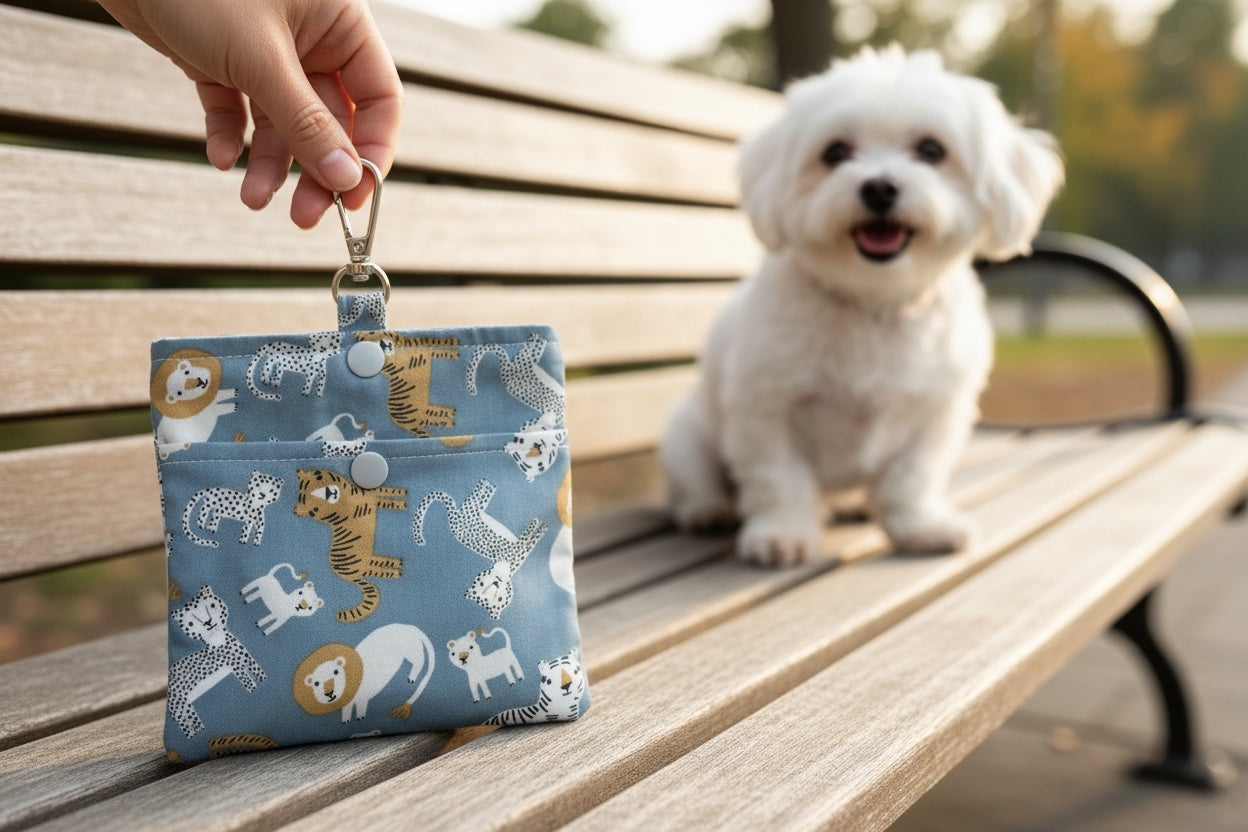 safari animals dog treat pouch with lions, leopards, tigers on bench with little dog