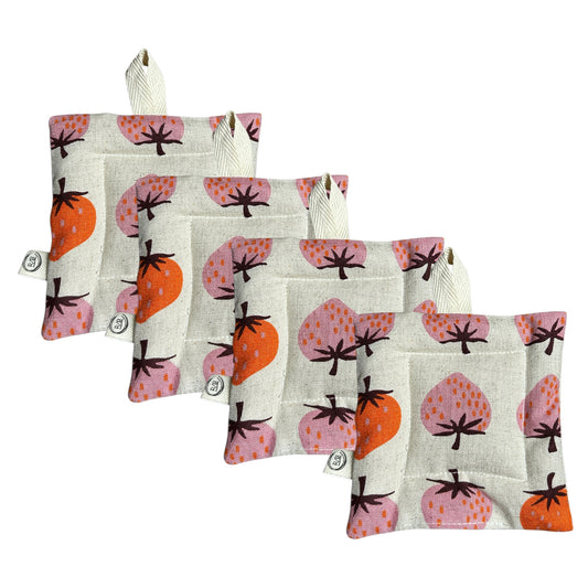 Set of fabric bags with strawberry pattern on a white background