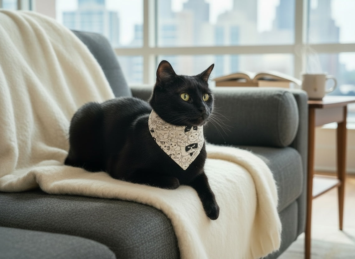 Black cat wearing a bandana sitting on a couch with a cityscape view through the window.