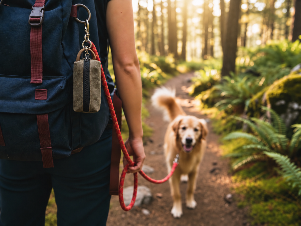 A person hiking on a forest trail with a golden retriever dog, carrying a dark blue backpack and holding a red leash. A small beige pouch with a black stripe hangs from the backpack.