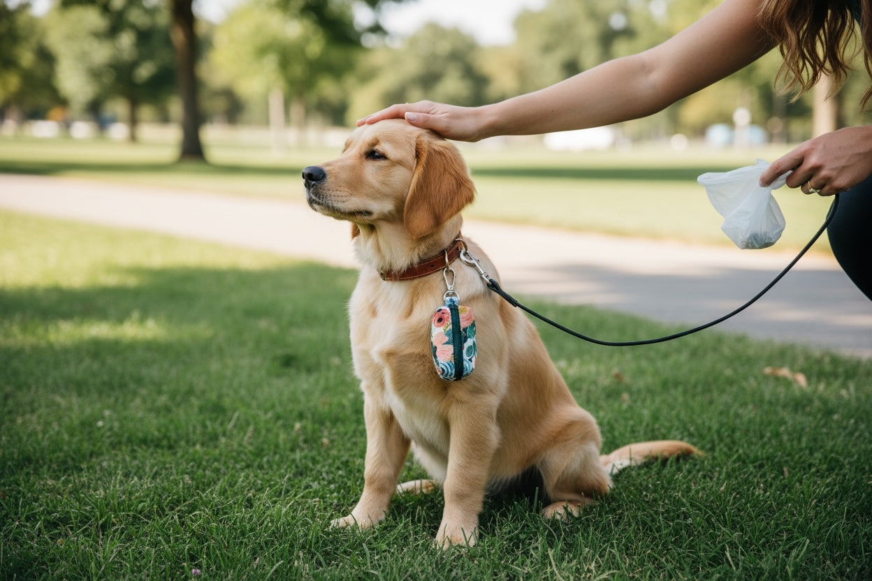 Dog on a leash sitting on grass with a person's hand petting it, in a park setting.