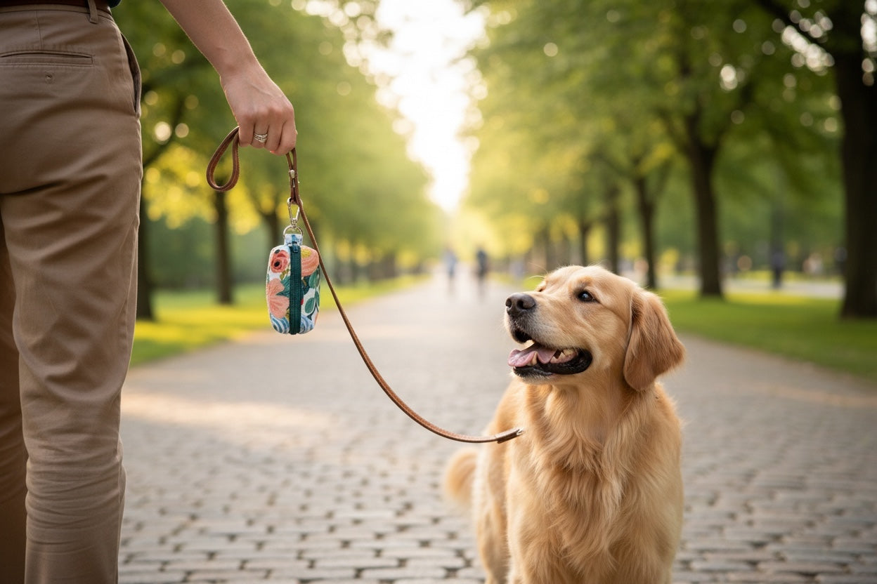 Person walking a golden retriever dog in a park with a leash.