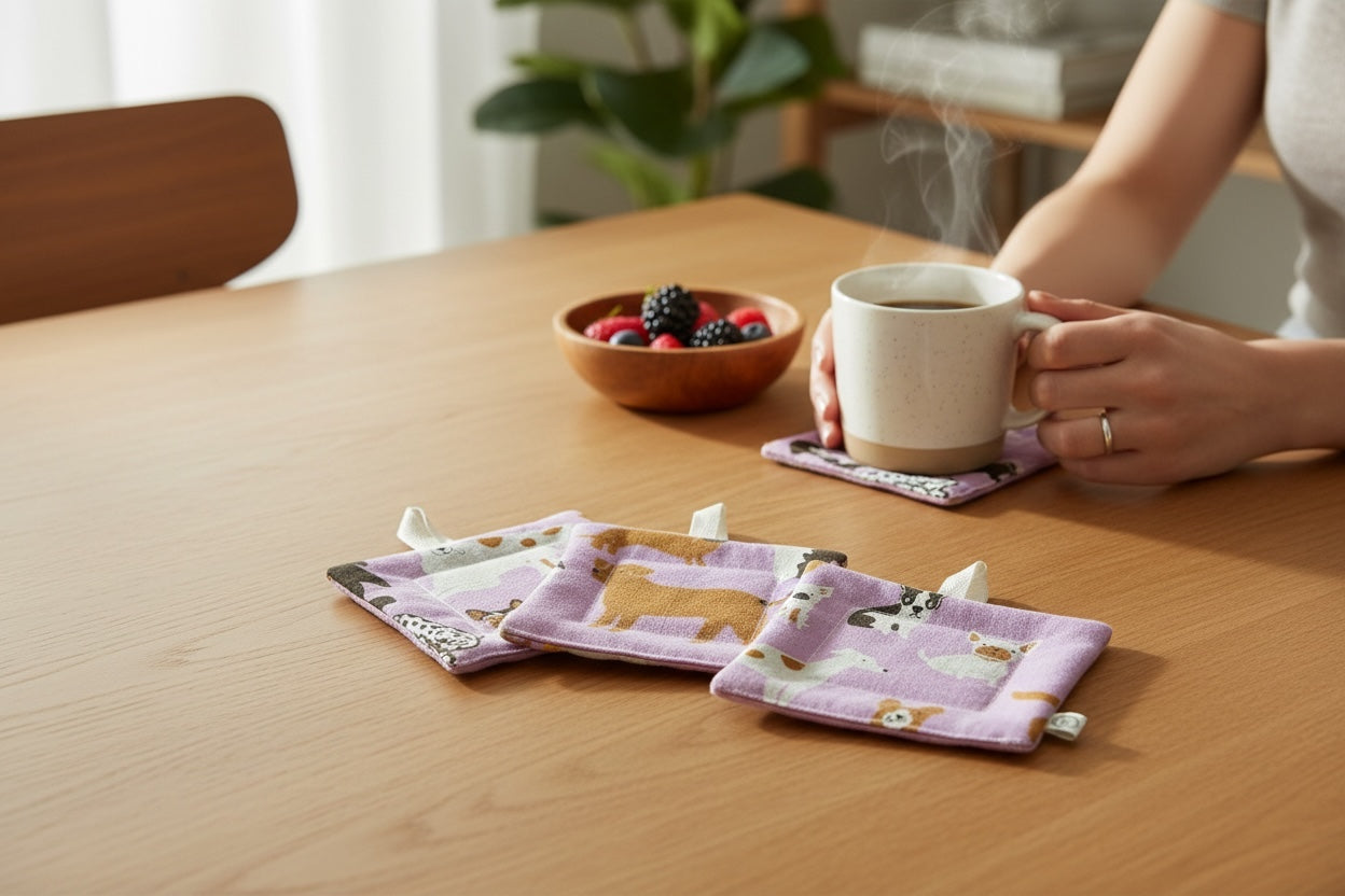 Person holding a steaming mug on a wooden table with decorative coasters and a bowl of berries.